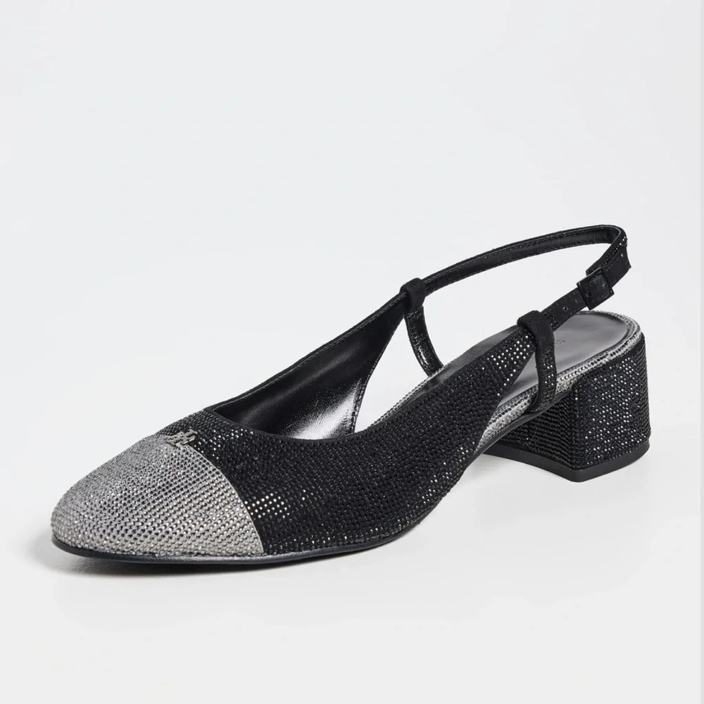 Tory Burch Cap Toe‎ Pave Slingback Heels in Black Silver Size 7